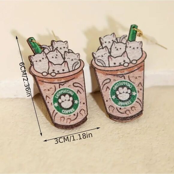 14k CAT CAPPUCCINO cute fun whimsical kawaii novelty earrings - Picture 2 of 6